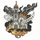 a burning church with the text "playbania" in the background tattoo design idea