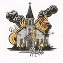 a burning church with the text "playbania" in the background tattoo design idea