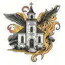 a burning church with the text "playbania" in the background tattoo design idea