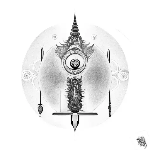 back tattoo with lady Justin, balance scales, a yin and yang and symmetrical tattoo design idea
