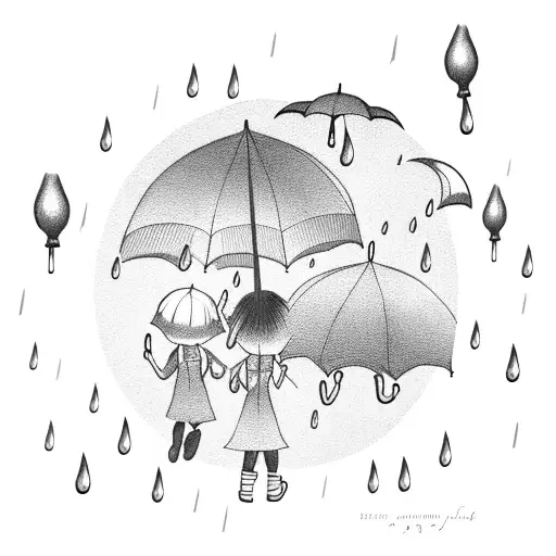 2 umbrellas flying in a rainstorm and 2 little girls watching the umbrellas fly from down the street tattoo design idea