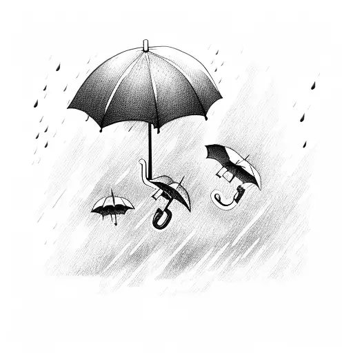 2 umbrellas flying in a rainstorm and 2 little girls watching them from down the street tattoo design idea
