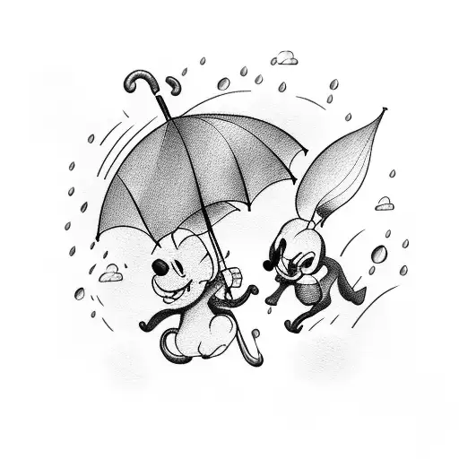 2 umbrellas flying in a rainstorm, one disney themed umbrella tattoo design idea
