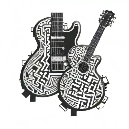An intricate guitar design intertwined with brick patterns, symbolizing the fusion of music and hard work tattoo design idea