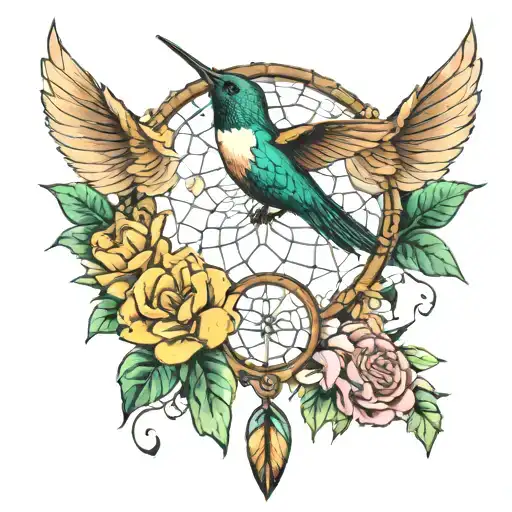 flower dream catcher with a humming bird next to it tattoo design idea