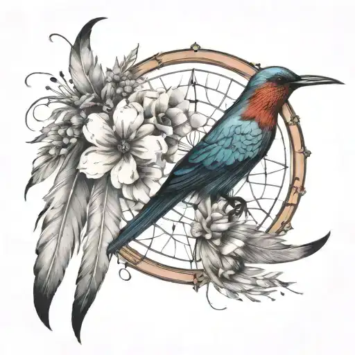 flower dream catcher with long feathers at the bottom of the dreamcatcher and humming bird next to it tattoo design idea