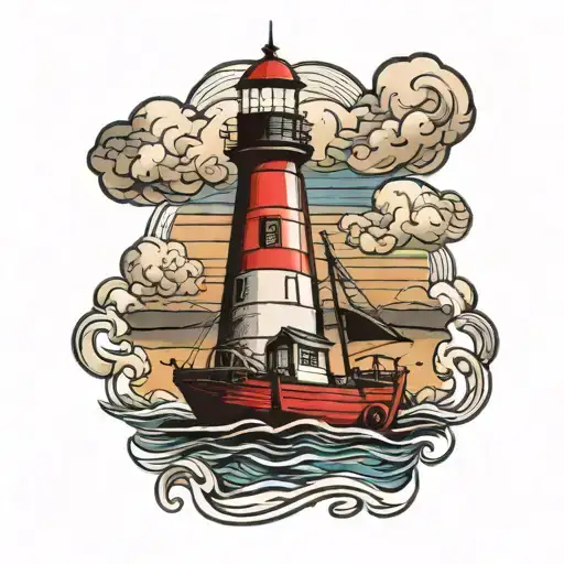 lighthouse, boat, clouds, birthdate tattoo design idea