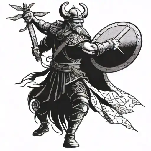 Viking warrior in battle, wielding a sword and shield tattoo design idea
