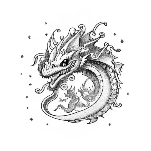 A whimsical scene of your kids riding on the back of a friendly dragon tattoo design idea