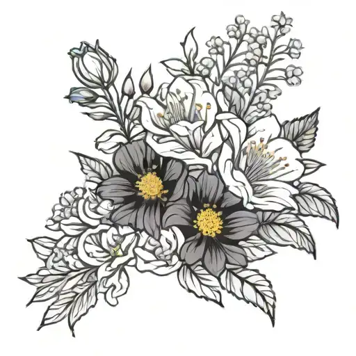 january, february, june, august birth flower bouquet tattoo design idea