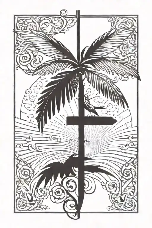 Palm tree and Cross and Dove flying script  tattoo design idea
