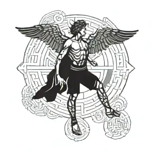 icarus frame in front of the sun burning his wings with a maze at his feets   tattoo design idea