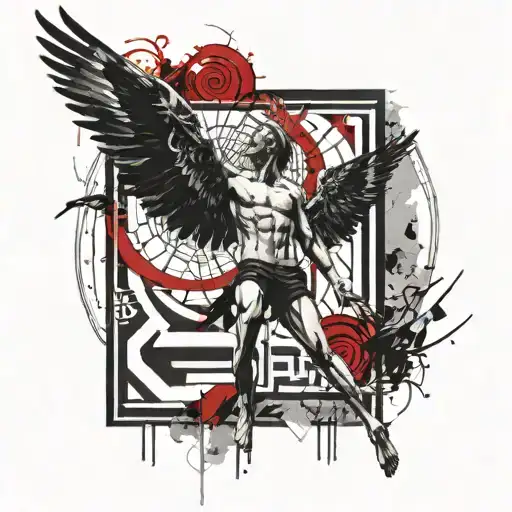 icarus frame in front of the sun burning his wings with a maze at his feets   tattoo design idea