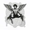 icarus frame in front of the sun burning his wings with a maze at his feets   tattoo design idea