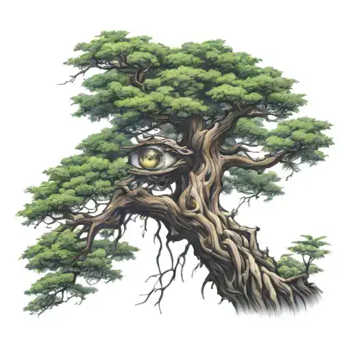 bonzai tree with eye tattoo design idea