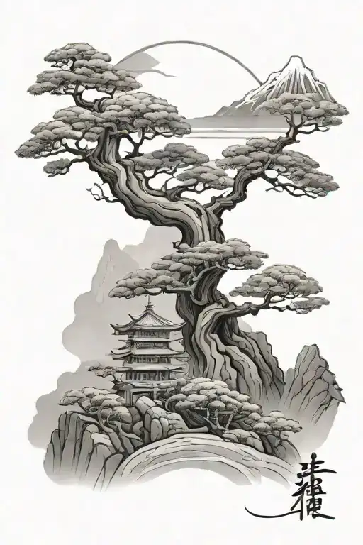 japanese mountians with bonsai tree tattoo design idea