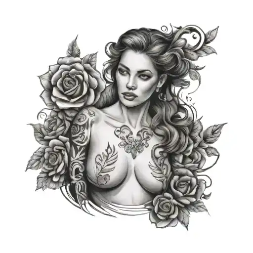 Portrait of a confident and empowered nude model, showcasing her natural beauty and individuality through breast tattoos tattoo design idea