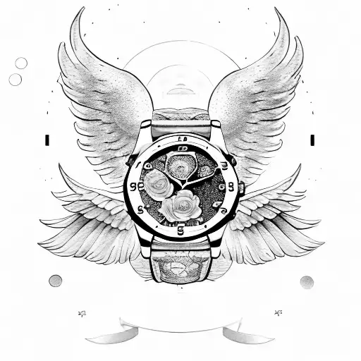  baby in heaven with angel wings, old watch face, pink rose tattoo design idea