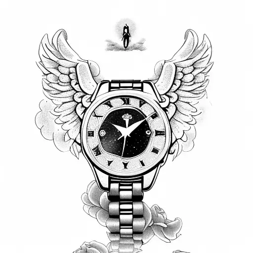  baby in heaven with angel wings, 2 old watch face, pink rose tattoo design idea