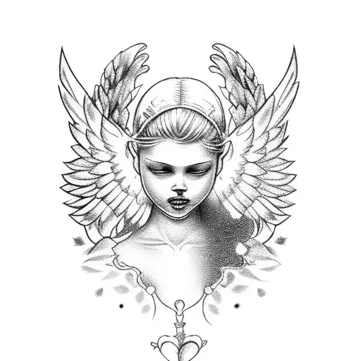  baby in heaven with angel wings, pink rose tattoo design idea