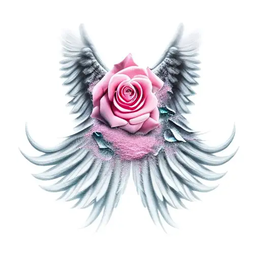 angel wings at heavens gates with a pink rose tattoo design idea