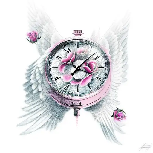 angel wings in heaven with two clock faces and one pink rose tattoo design idea