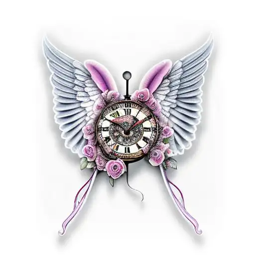 pink and purple rose butterly angel wings in a old clock face tattoo design idea