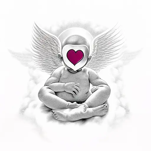 faceless baby in heaven with angel wings and a pink rose tattoo design idea