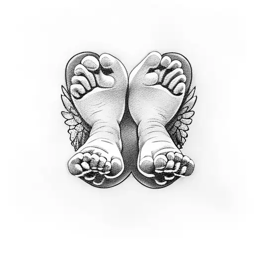 babies feet cupped in hands with angel wings and a pink rose tattoo design idea