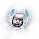 faceless baby in heaven with angel wings and a pink rose tattoo design idea