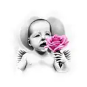 faceless baby in heaven with angel wings and a pink rose tattoo design idea
