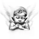 faceless baby in heaven with angel wings and a pink rose tattoo design idea