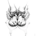 babies feet cupped in hands with angel wings and a pink rose tattoo design idea