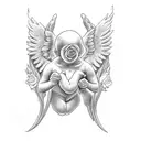 babies feet cupped in hands with angel wings and a pink rose tattoo design idea