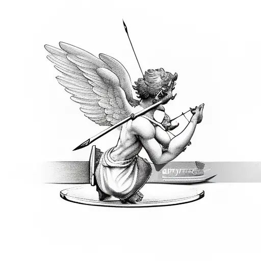 Cupid shooting arrows behind a bar counter tattoo design idea