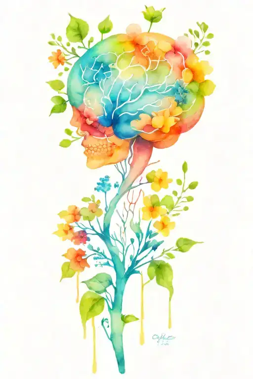 A surrealistic tattoo of a brain sprouting vibrant wildflowers, symbolizing growth and consciousness tattoo design idea