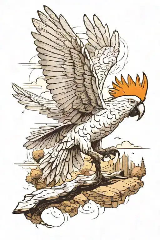 cockatoo flying over a landscape tattoo design idea