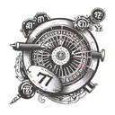 A tattoo design featuring a roulette wheel with the number 777 prominently displayed, symbolizing luck and chance tattoo design idea