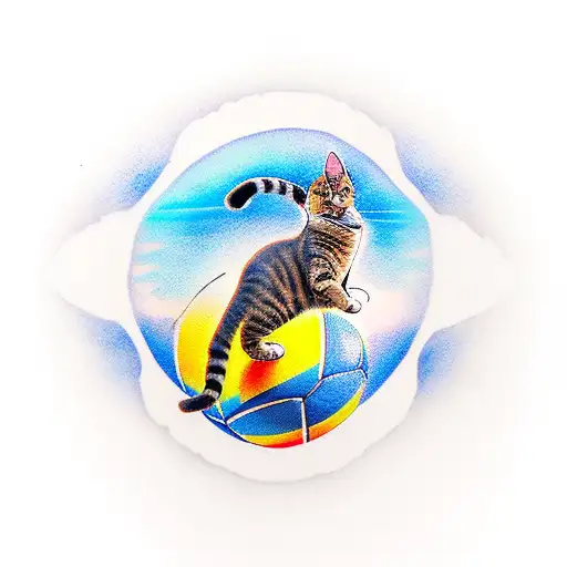 A cat playing soccer on a beach at sunset tattoo design idea
