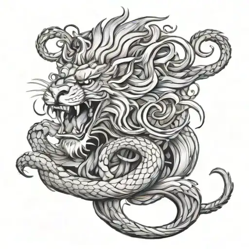 Create a tattoo design featuring a lion, dragon, and serpent engaged in a fierce battle tattoo design idea