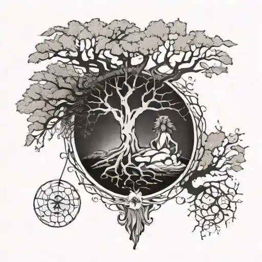 A tattoo design featuring coordinates intertwined with a sycamore tree, with the goddess Minerva overlooking the scene tattoo design idea