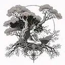A tattoo design featuring coordinates intertwined with a sycamore tree, with the goddess Minerva overlooking the scene tattoo design idea