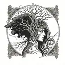A tattoo design featuring coordinates intertwined with a sycamore tree, with the goddess Minerva overlooking the scene tattoo design idea