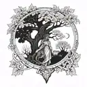 A tattoo design featuring coordinates intertwined with a sycamore tree, with the goddess Minerva overlooking the scene tattoo design idea