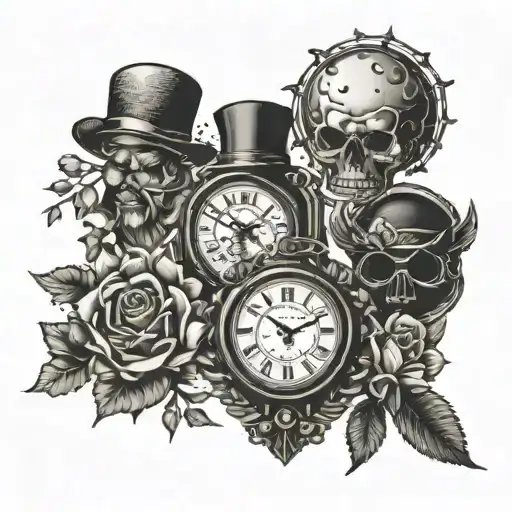 Vintage Curiosities themed tattoo flash sheet. This should includ include designs inspired by old-timey objects like ske tattoo design idea