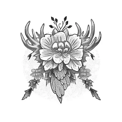 Country style tattoo with mountains, antlers, peacock feathers, chrysanthemums, holly, larkspur, bluebonnets tattoo design idea