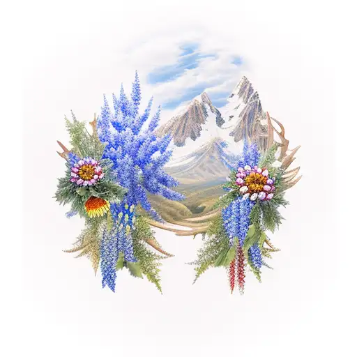 Country style mountains, antlers, peacock feathers, chrysanthemums, holly, larkspur, bluebonnets tattoo design idea