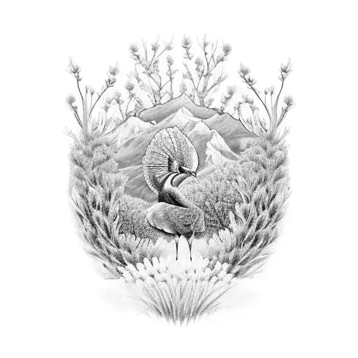 Country mountains, antlers, peacock feathers, chrysanthemums, holly, larkspur, bluebonnets tattoo design idea