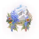 Country style mountains, antlers, peacock feathers, chrysanthemums, holly, larkspur, bluebonnets tattoo design idea