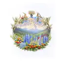 Country style mountains, antlers, peacock feathers, chrysanthemums, holly, larkspur, bluebonnets tattoo design idea